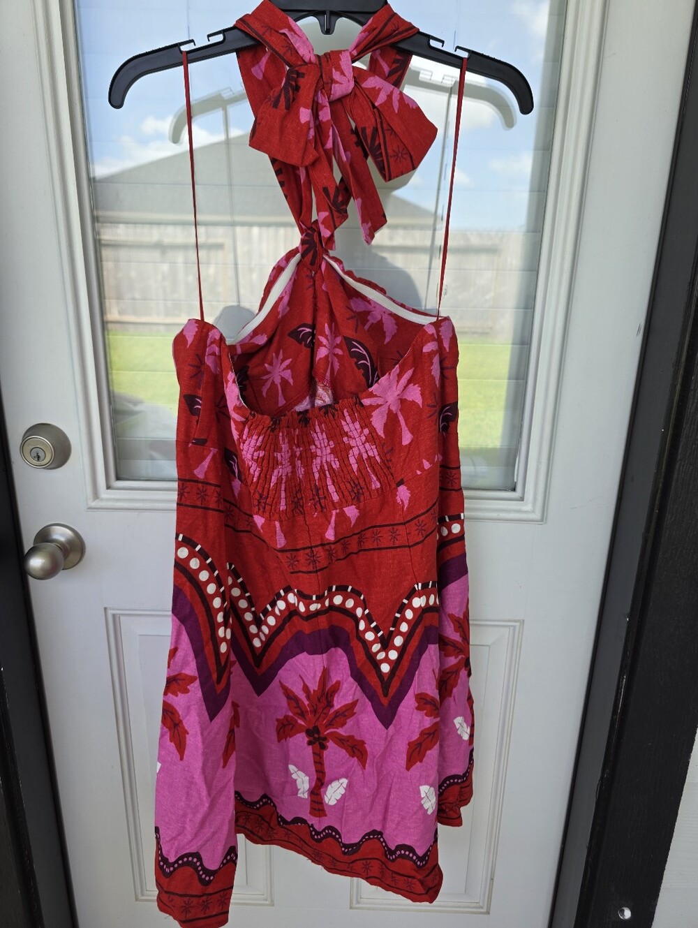 NWT I. State Halter Sundress Sz L Red Pink Tropical Palm Tree Tie Neck Dress - Picture 7 of 11